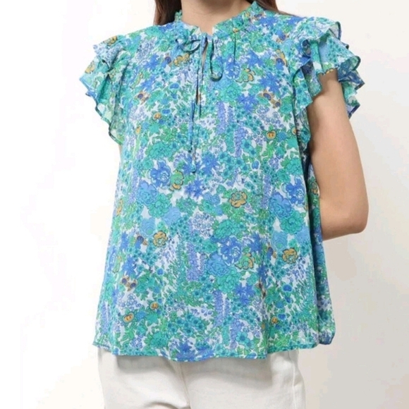 Joie Tops - Joie Floral Blue and Green Women's Top Garden Party Brunch Career Large Vacation